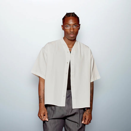 Unfolloworld Collarless White Shirt with hidden snap buttons, sleek and modern design