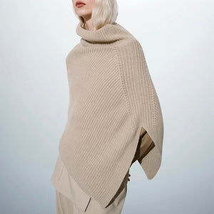 Beige Wool Cape in 70% Wool and 30% Acrylic Blend, One Size Fits All, Available in Black, Grey, and Beige - Model is 1m72 Tall