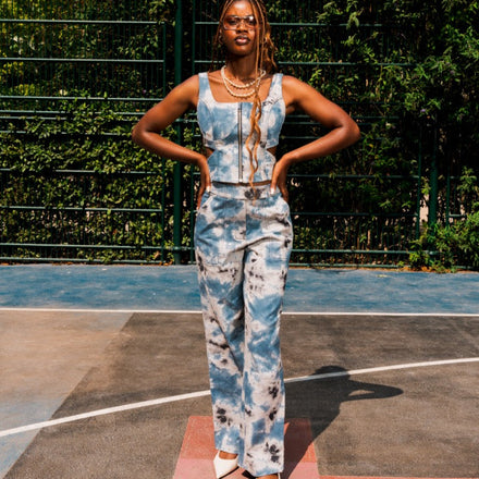 Blue digital print tie-dye wide-leg pants in 100% cotton by UNFOLLOWORLD.