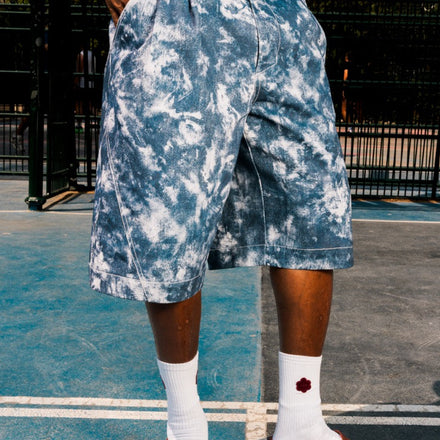 Digital print denim-effect wide shorts in 100% cotton, made in France.
