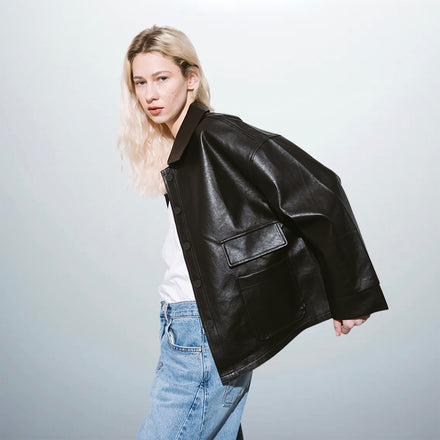 Stylish Faux-Leather Jacket in 100% PU, Size M on Maria 1m72 - Elevate Your Wardrobe with Ethical Luxury.