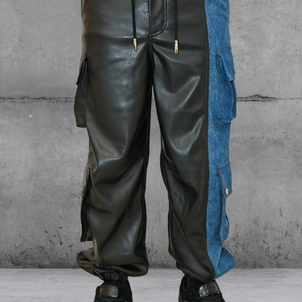 FAUX LEATHER DENIM CARGO PANTS by Feng Chen Wang
